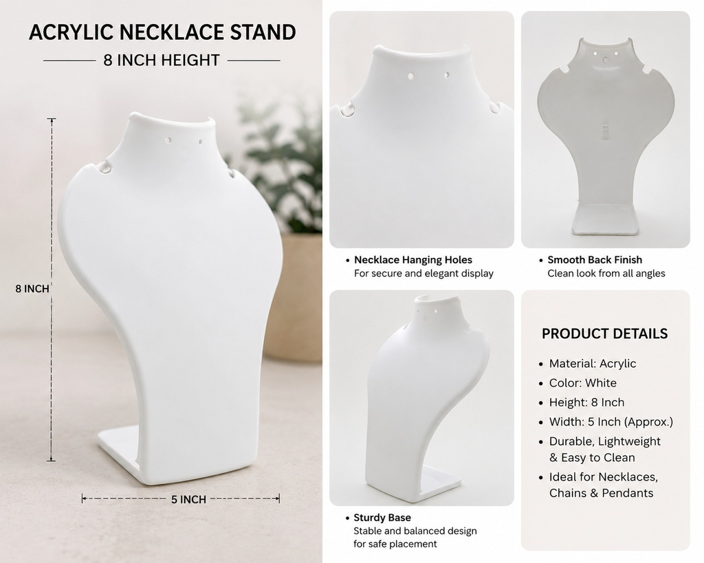 White Acrylic Necklace Display Stand | Jewelry Bust Display Holder | 8 Inch Height | Pendant & Chain Showcase Stand pack of 6