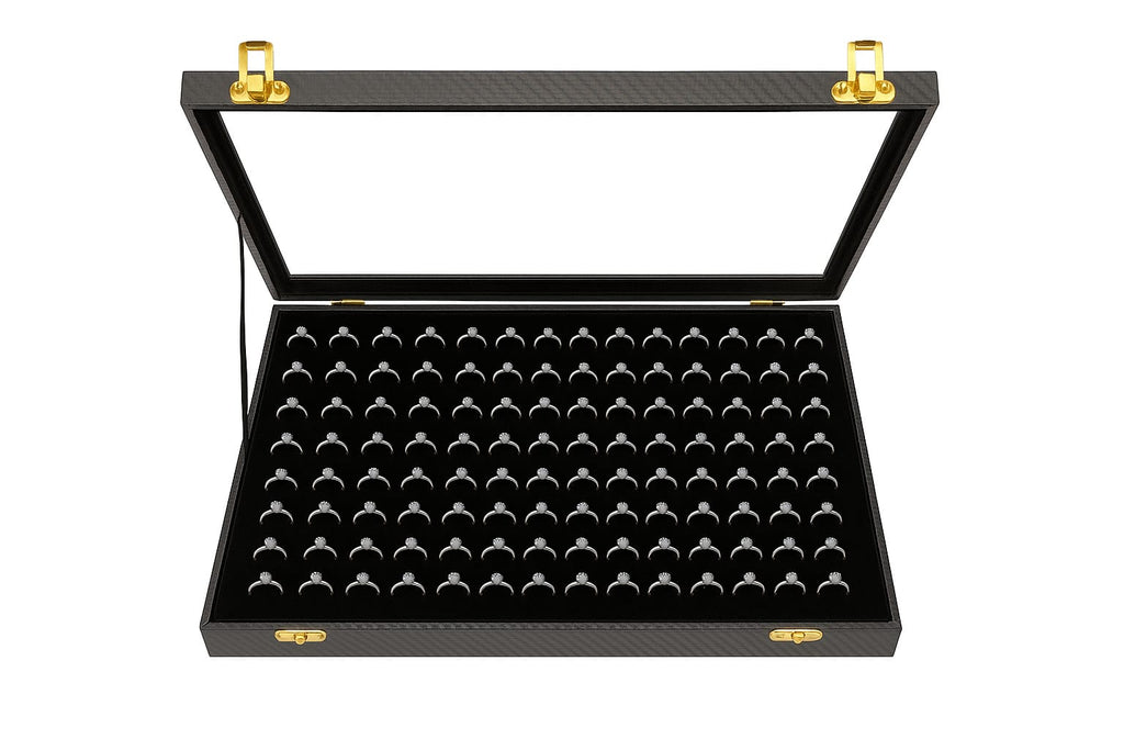 100 Ring Storage Box with Transparent Glass Lid – Jewelry Display & Organizer Case