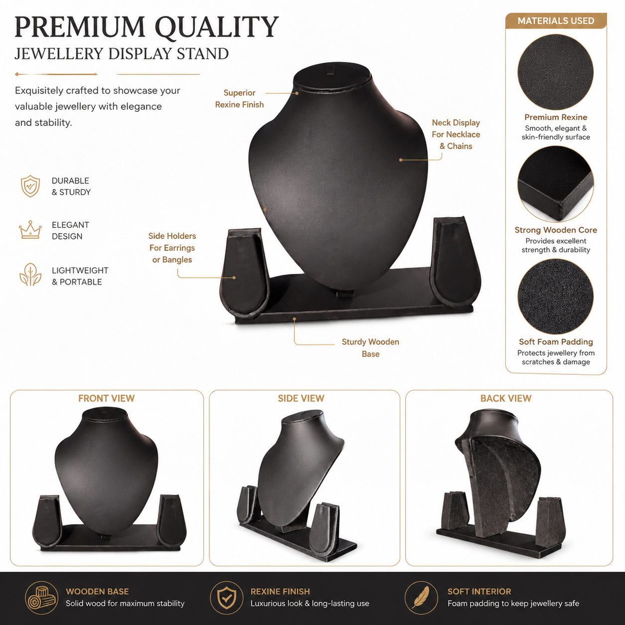 8 inch Black rexine necklace stand